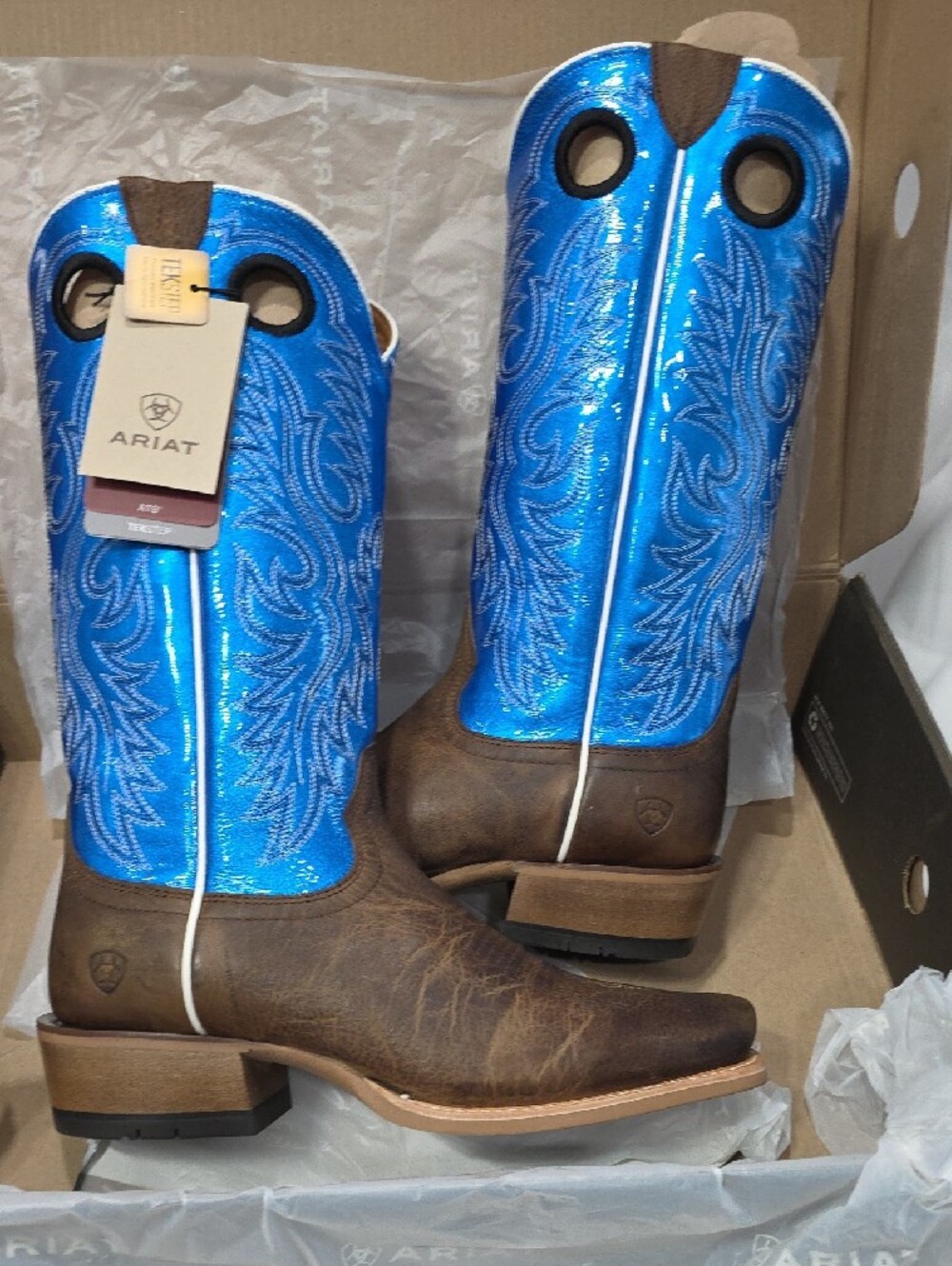 Ariat NIB Men's Size 11 EE Wide Ringer Western Boots Brown/Bright Blue TOBx - Picture 6 of 15
